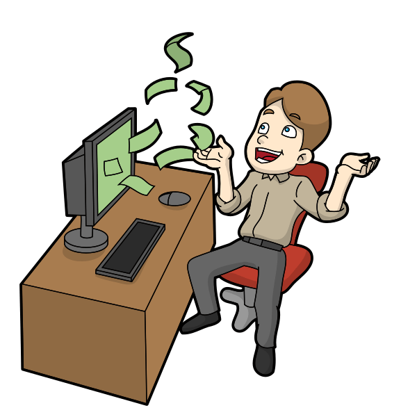 A cartoon drawing of a man sitting at a desk, facing a computer screen out of which banknotes are flying. The man, has his arms wide open and looks happy watching the money.
