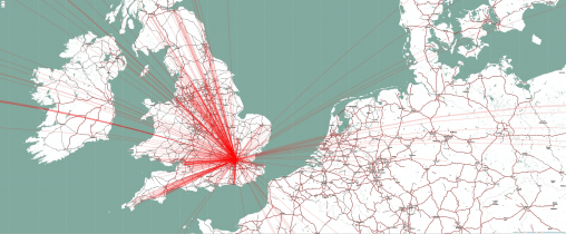 UK detail map, links to locations are most dense in London