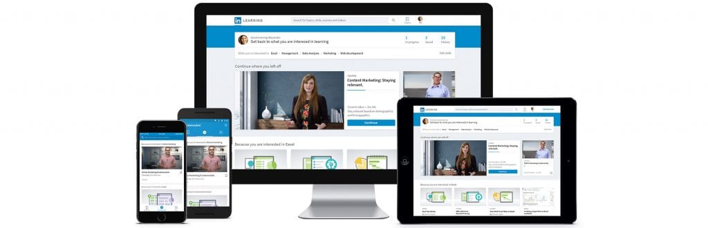 LinkedIn Learning displayed on monitor, mobile phones and a tablet.