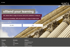 Screenshot of updated UCLeXtend homepage, with photograph of UCL Portico in background and log in buttons visible