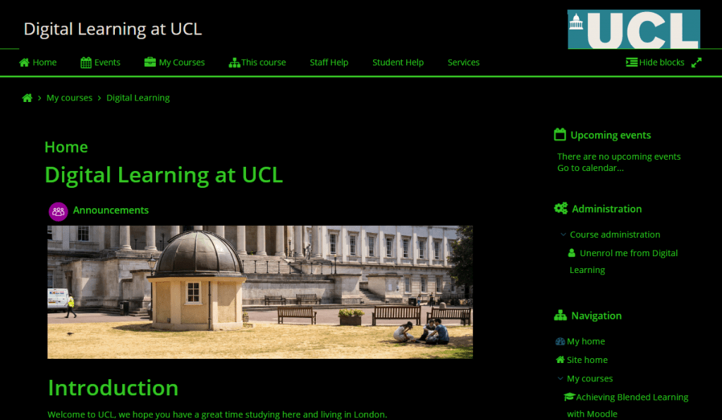 Moodle platform where 'Green text on a black background' colour scheme has been selected via the Accessibility Tool.