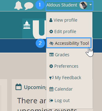 Moodle's user menu contains the Accessibility tool option where you can customise Moodle's appearance to suit your needs.