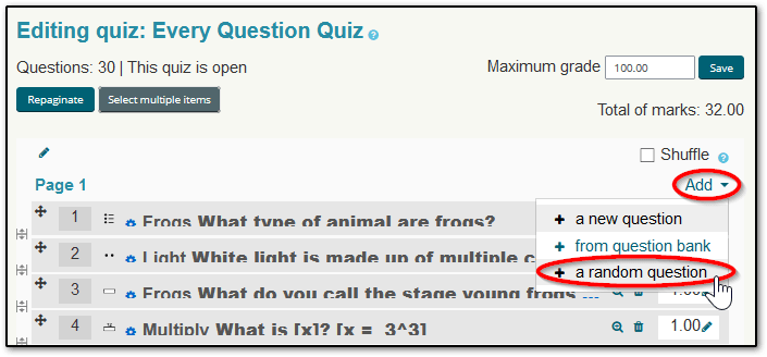 Under the Add a question option in Moodle Quiz, you can select Add a random question.