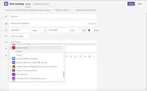 Screen shot showing how to add a Team channel to a meeting