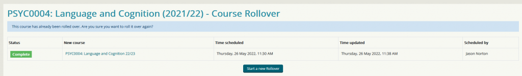 Screenshot of Course Rollover status page