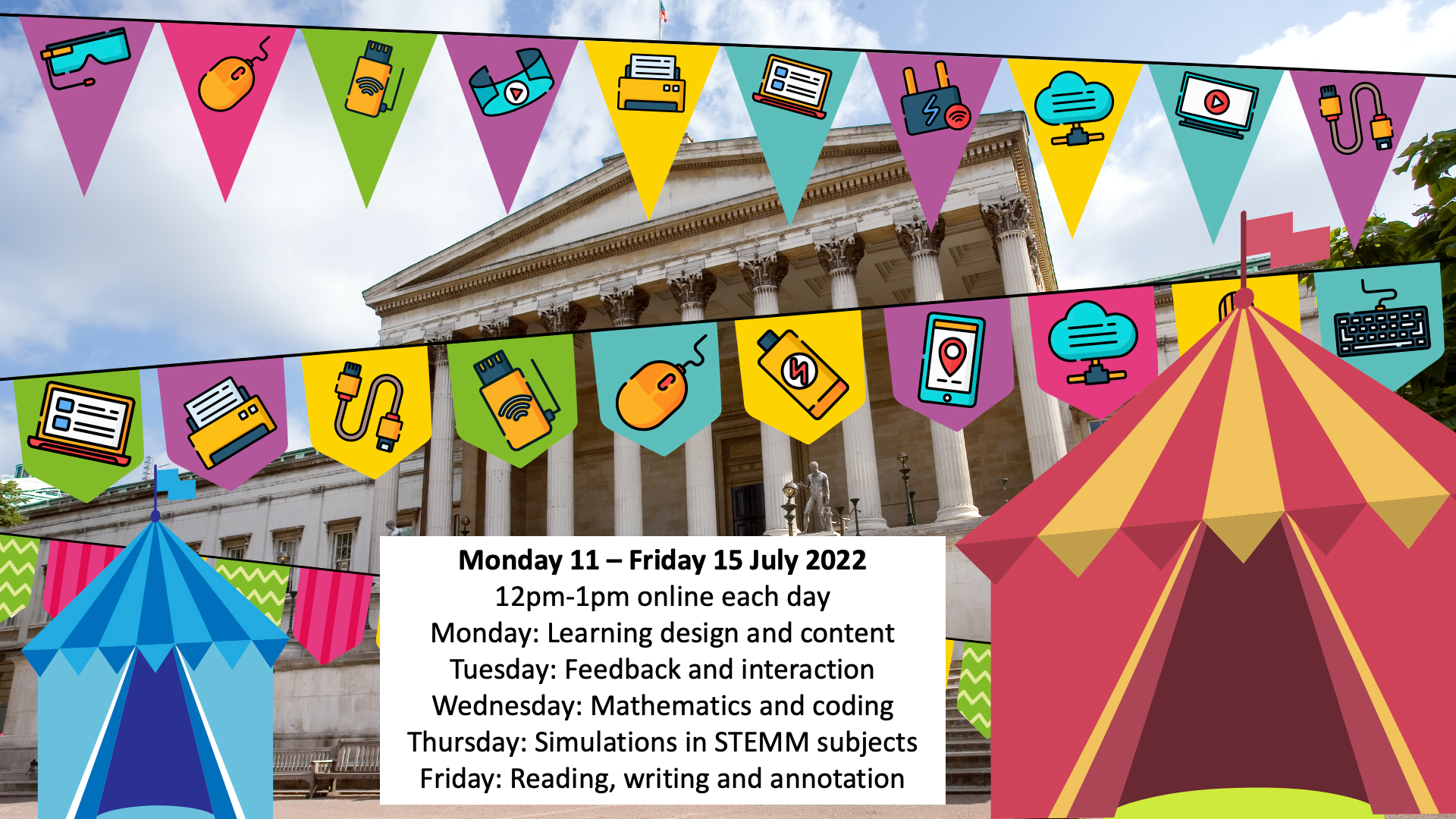 Colourful bunting adorns the UCL Quad advertising the July Jamboree