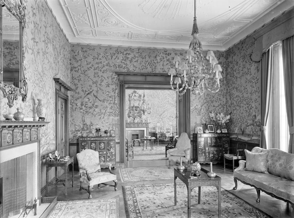 The drawing room at Dunglass House with green oriental paper.   Pubulished in County Life, 12/09/1925.  Copyright Country Life