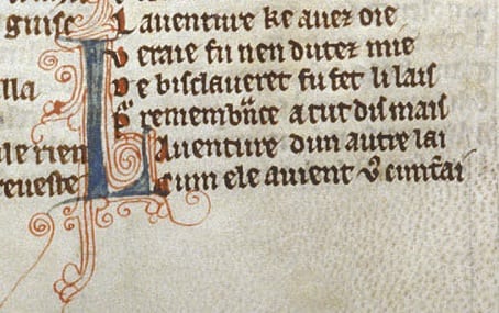 The opening of Lanval, British Library MS Harley 978, fol. 133v.
