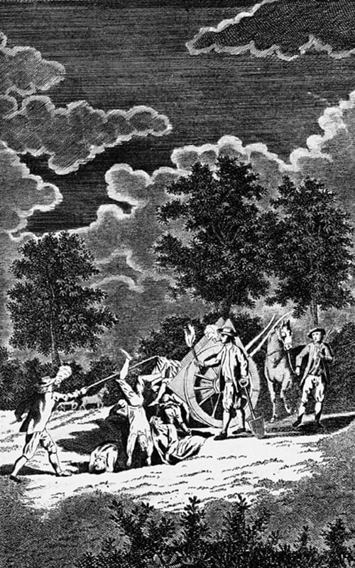 An engraving by Page after Samuel Wale depicting the burial of the dead at Holy Well near London during the dreadful plague in the Reign of Charles II, 1665.