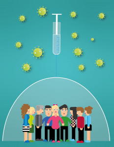 Syringe casting a protective bubble over a group of people