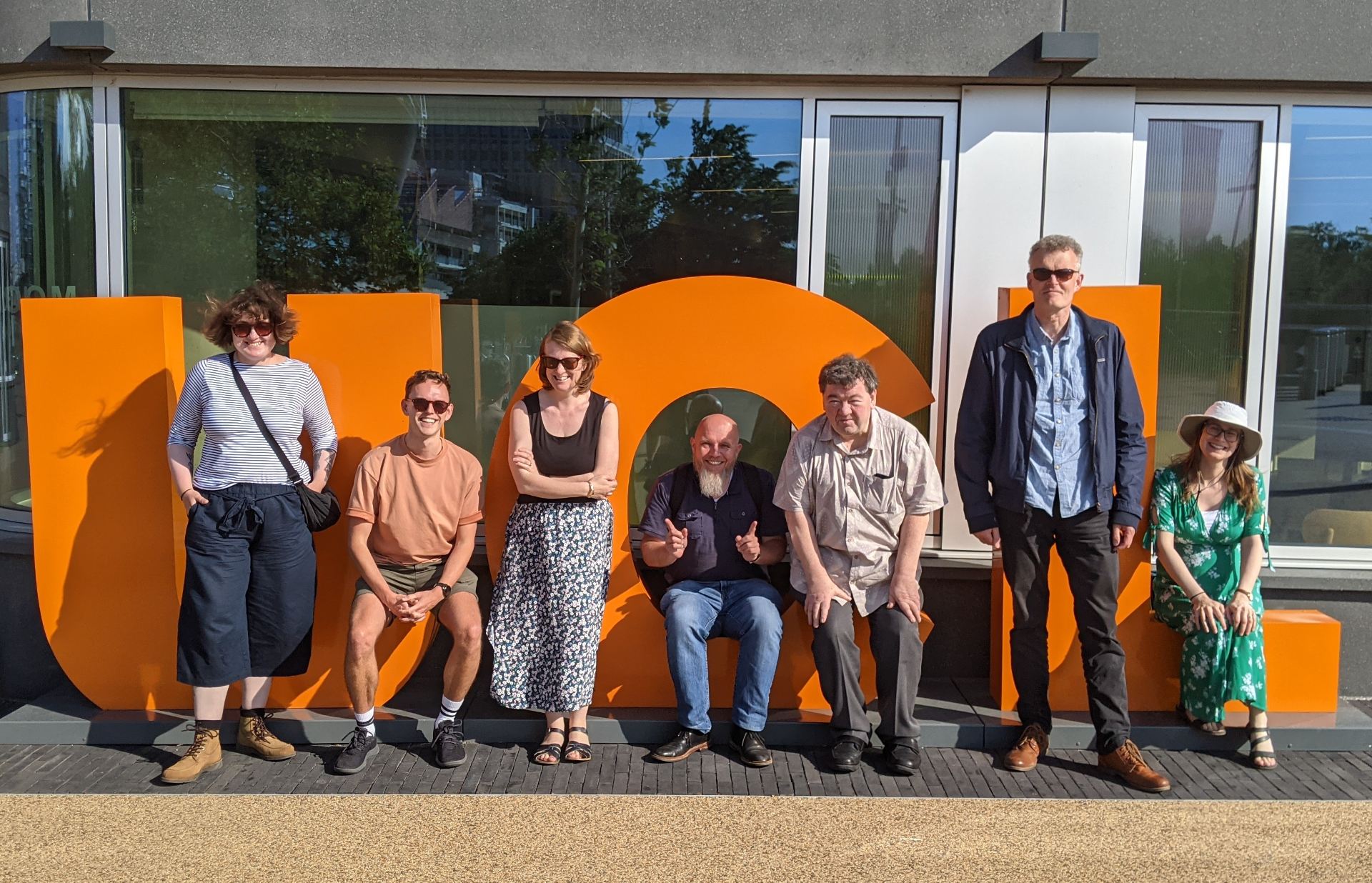 A photo showing the ICHRE team outside UCL East in summer 2023