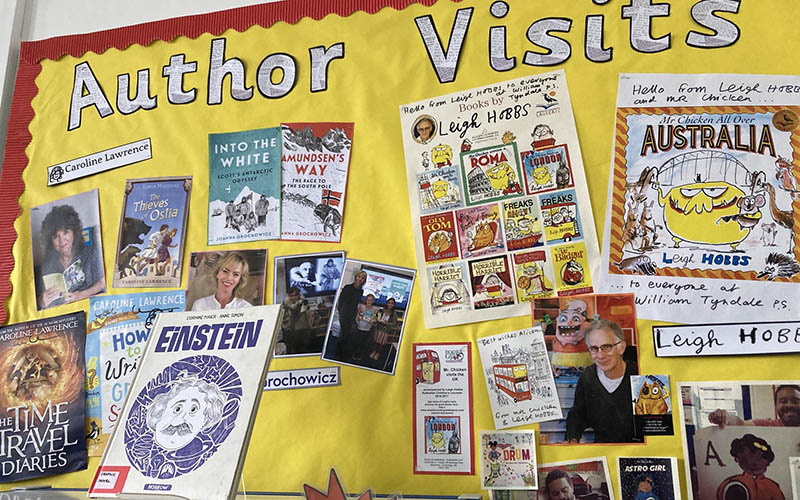 A board filled with photos of authors and books, and labelled "Author Visits."