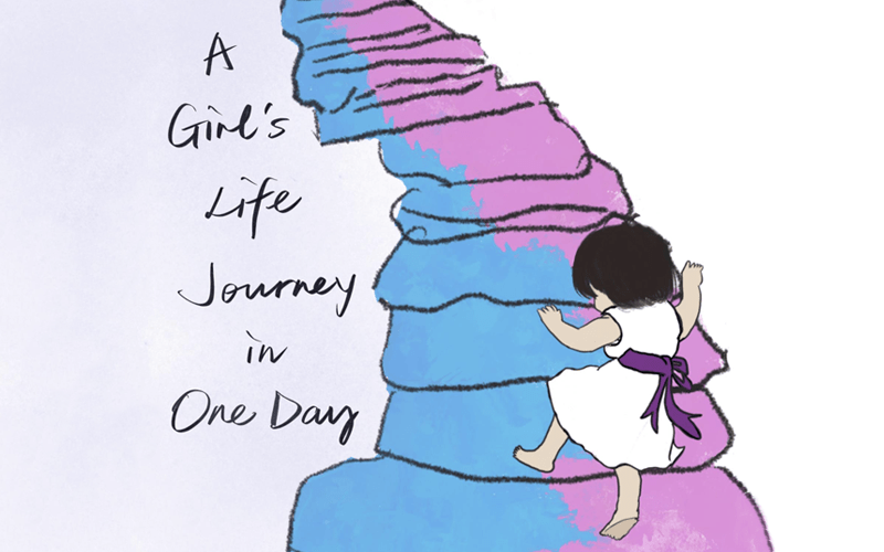The opening page of the gamebook. The title reads 'A girl's life journey in one day'. A set of multicoloured stairs rise towards the top of the image. A young girl runs up them. Image permission: Wendy Wen, Yifan Chen, Yiwei Lu and Yiping Tang