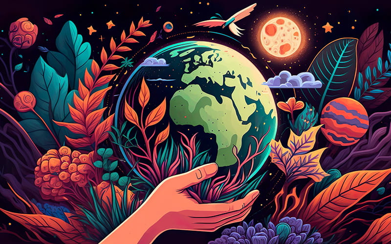 AI-generated illustration of hands holding planet Earth surrounded by planets and plants.