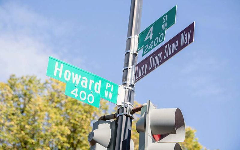 Street sign of Lucy Diggs Slowe Way, Howard University, USA.