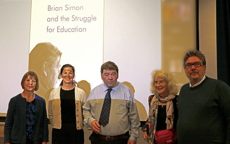 Professor Gary McCulloch (centre) and relatives of Brian Simon at the launch of the new book, October 2023. Credit: Gabrielle Fadullon / UCL.