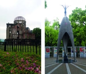 Left: The Genbaku Dome in Hiroshima, the bomb exploded about 600m above this building. Everyone inside was killed instantly. Right: Children's Peace Monument to commemorate all the children who dies as a result of the bomb.