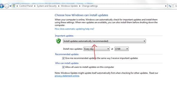 Screenshot of Windows Update automatic updates settings