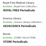 Screenshot of Explore showing three call numbers ending in "Periodicals"