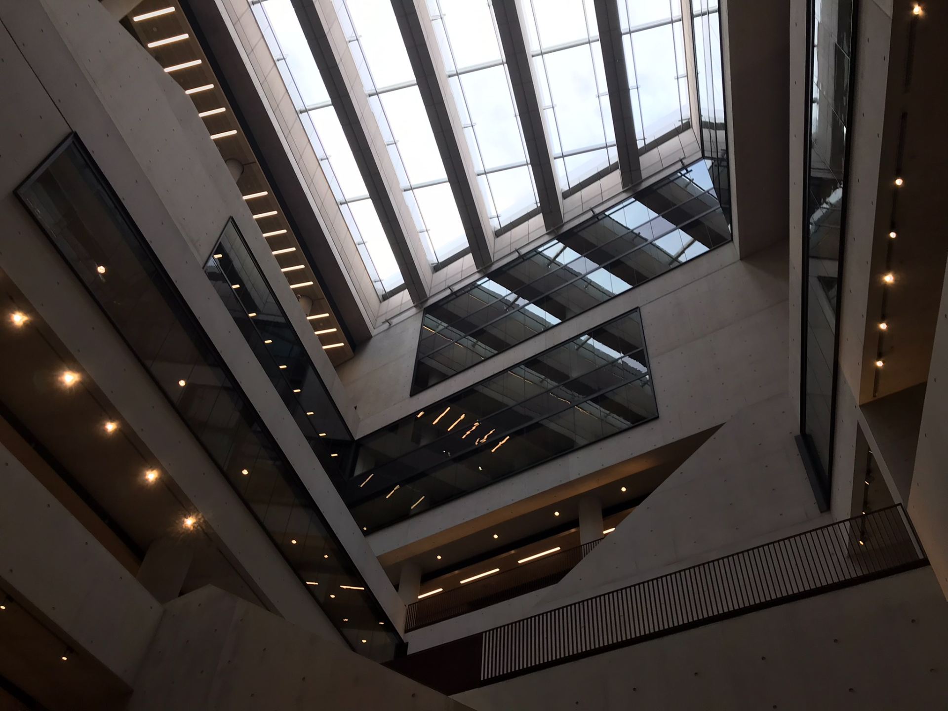 View up into the atrium, looking towards glazed roof