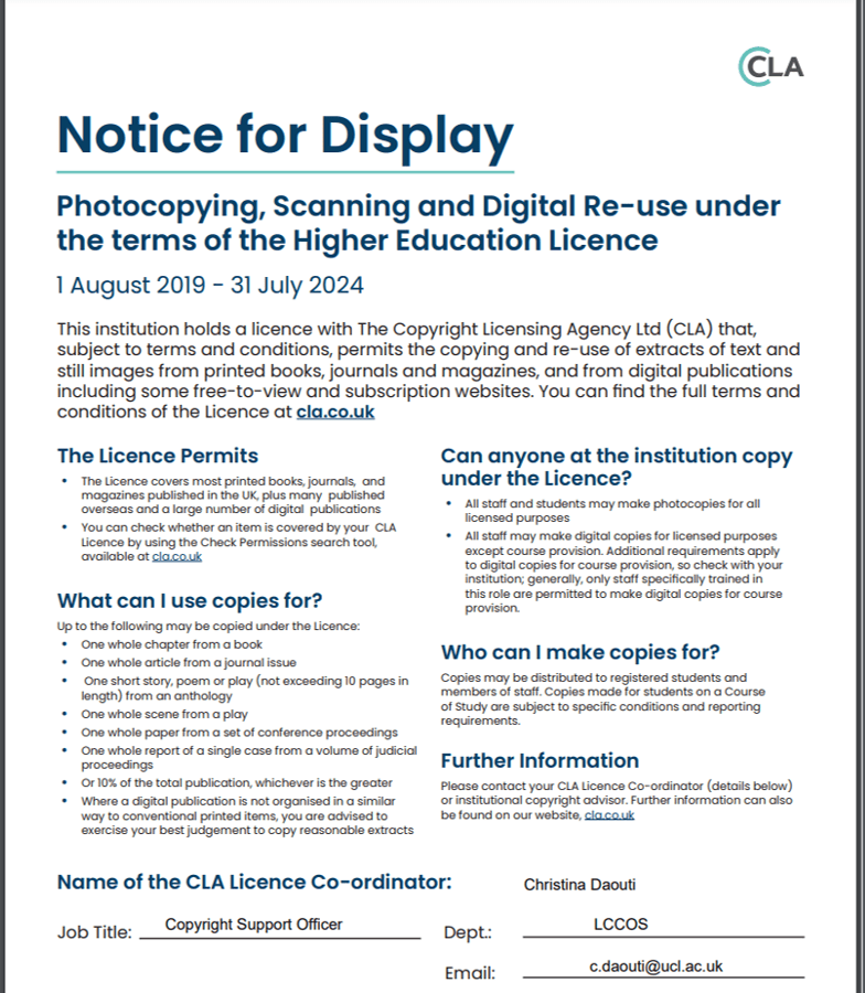 CLA licence poster: Notice for display. Included here for decorative purposes.