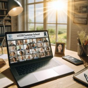 Laptop displaying attendees at online session of LCCOS Summer School, on a desk with a window behind with bright sunlight.