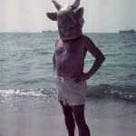 Pablo Picasso wearing a cow’s head mask on beach at Golfe Juan near Vallauris. © Time Inc.
