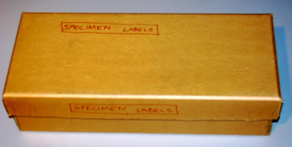 Image of a Grant Museum box labeled Specimen Labels