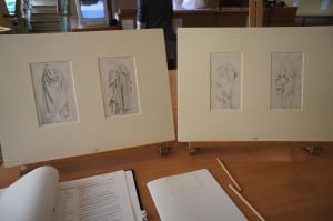 John Flaxman's drawings displayed on easels during a research visit