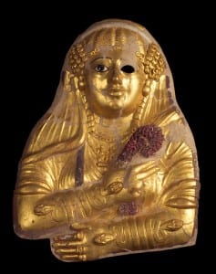 A Roman cartonnage mask, with the female wearing snake bracelet, perhaps an homage to Cleopatra? UC28084. Petrie Museum of Egyptian Archaeology
