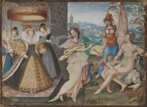 Queen Elizabeth depicting herself with Classical Gods, like Cleopatra and her Isis costumes. Queen Elizabeth I and Goddesses, attrib: I. Oliver, 1590. copyright National Portrait Gallery