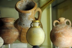 Pilgrim flasks on display in the Petrie Museum