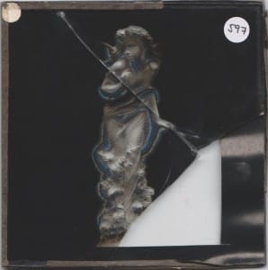 Grant Museum magic lantern slide LDUCZ 597 showing cracked glass and damage to the photographic layer between the glass plates