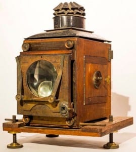 Example of a 19th century magic lantern slide projector from the UCL physics collection. This example was used as a sort of overhead projector but others were designed to project across a lecture theatre or hall