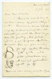 A letter from Flinders Petrie to Amelia Edwards offering her Egyptian material. 