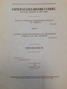 Cover of the legal memorandum from the Marconi Vs DeForest case. (Image provided by UCL Special Collections Library).