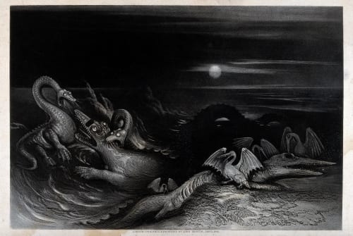 A nocturnal scene with saurians and sea-creatures fighting each other in the water. Mezzotint by J. Martin (1840)
