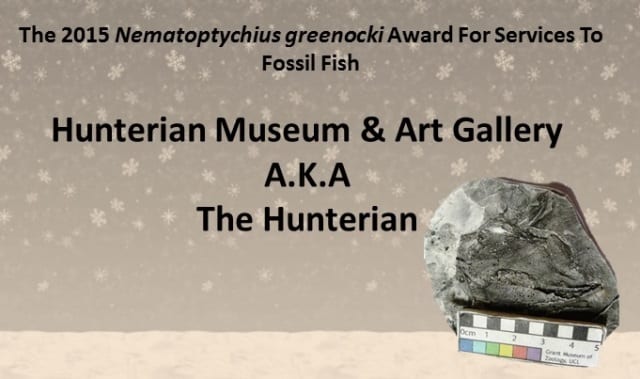 2015 Nematoptychius greenocki award for services to fossil fish