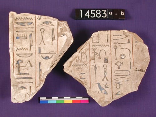 Limestone stela hieroglyph fragments with words from hymns (UC14583)