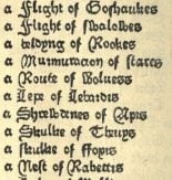 Plural animal nouns from the Boke of Saint Albans by Dame Juliana Berners, 1486