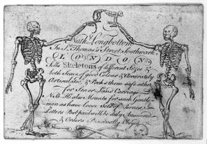 Trade-card of Nathaniel Longbottom, supplier of skeletons