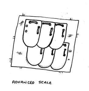 diagram of more advanced scale where the scales have 4 additional holes punched, two on each side to attach them to the neighbouring scale