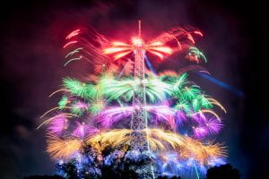 Fireworks over Eiffel Tower.