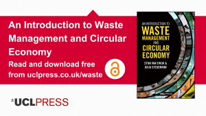 • Image by UCL Press. Image is a red band on a white background. On the red band, white writing reads, ‘An introduction to Waste management and circular economy. Read and download free from uclpress.co.uk/waste'