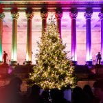 A Christmas tree with white lights at night in front of columns lit with colours of the rainbow.