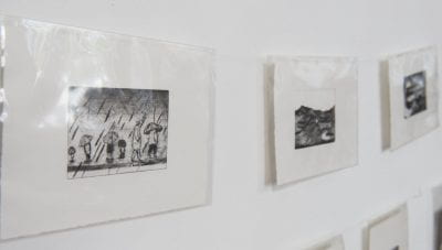 Image of a small selction of prints from Make an Impression exhibition in the North Cloisters.