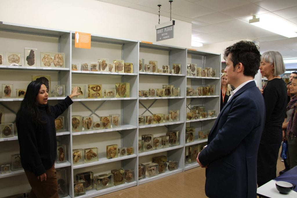 Subhadra Das points to items on the shelves in the Pathology Museum