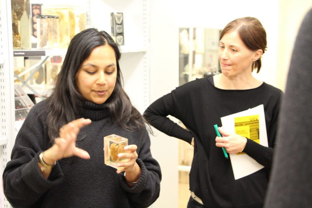 Subhadra Das explains one of the items in the pathology collection