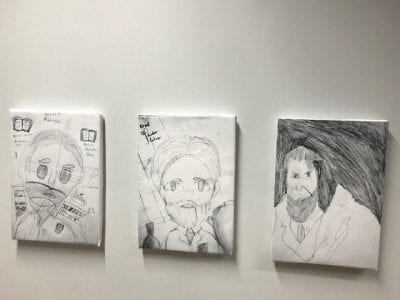 four portraits of Flinders Petrie on canvas.