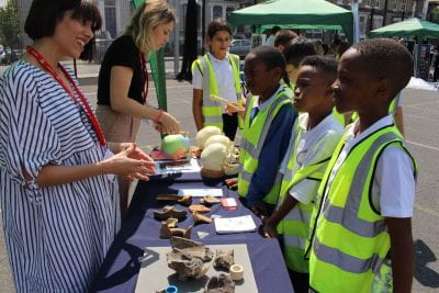 UCL Archaeology representatives demonstrate models of rocks and skulls to pupils.